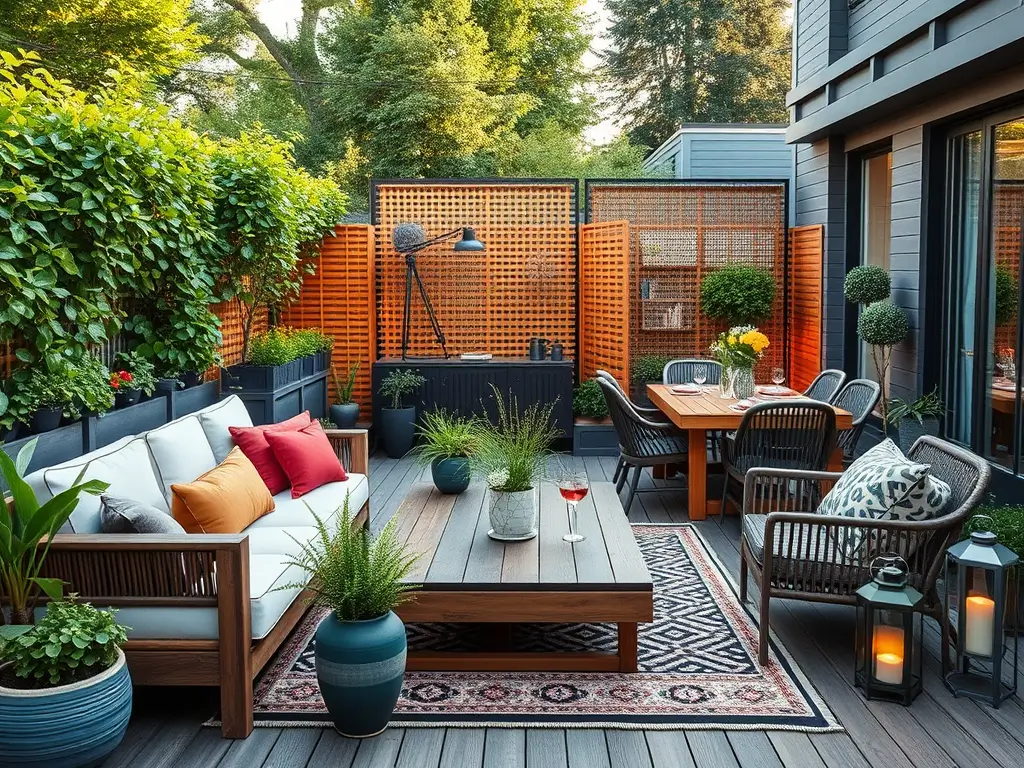 Tarima exterior decorada con estilo: muebles, textiles y jardineras