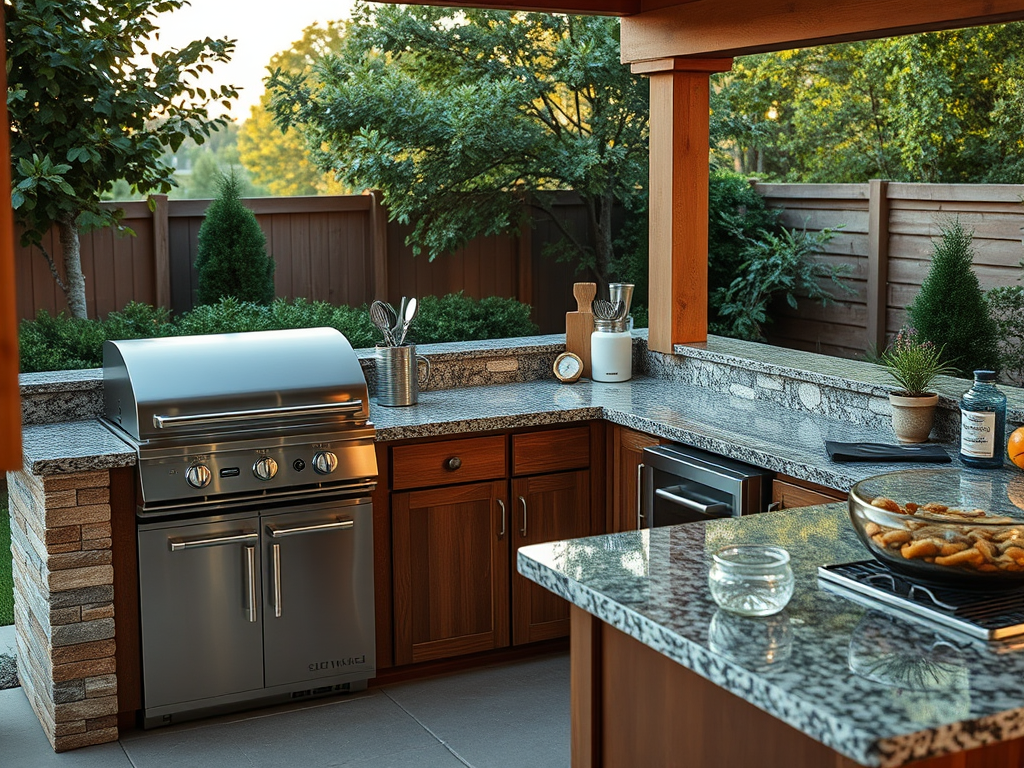 Tarima exterior con zona de barbacoa o cocina exterior