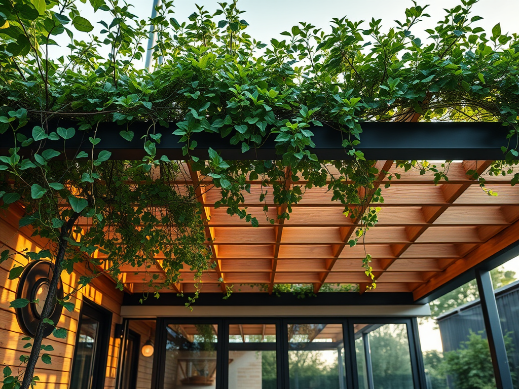 Tarima exterior con pérgola o cubierta superior