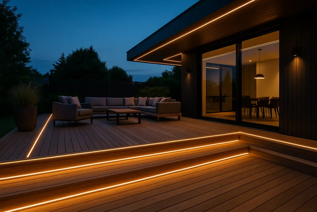 Tiras LED montadas bajo la barandilla aportan iluminación indirecta en la terraza