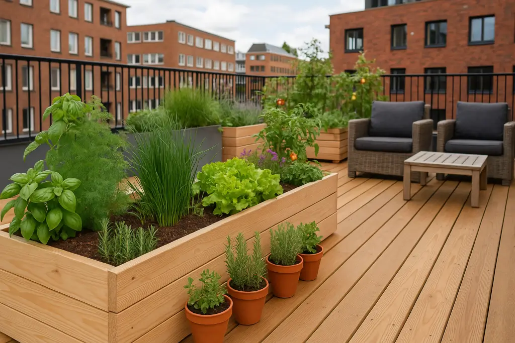 Jardineras con hierbas aromáticas dan vida y verdor a la tarima