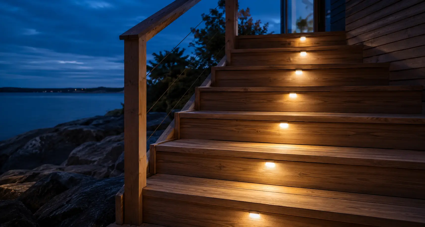 Escalera de tarima con luces empotradas al anochecer